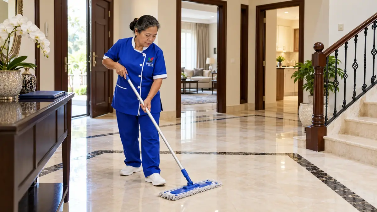 An INAYA cleaner in royal blue mops a villa entrance with stairs and multiple rooms.
