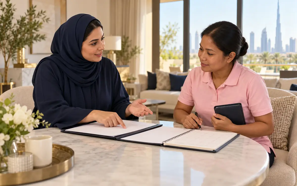 مشهد توضيحي لصاحبة منزل وعاملة منزلية تناقشان اتفاقاً ومفكرة، والعاملة تحمل محفظة وثائقها المغلقة.