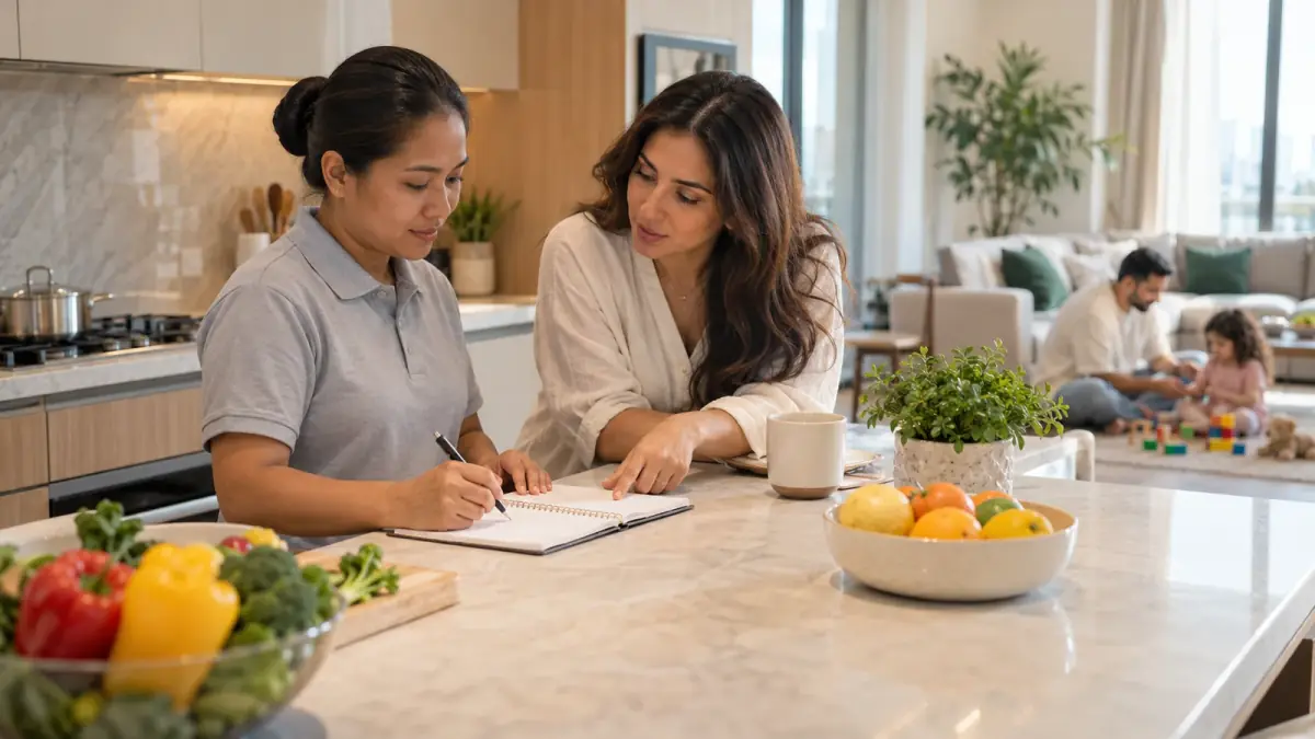 Woman and domestic worker planning kitchen duties while a parent supervises a child nearby.