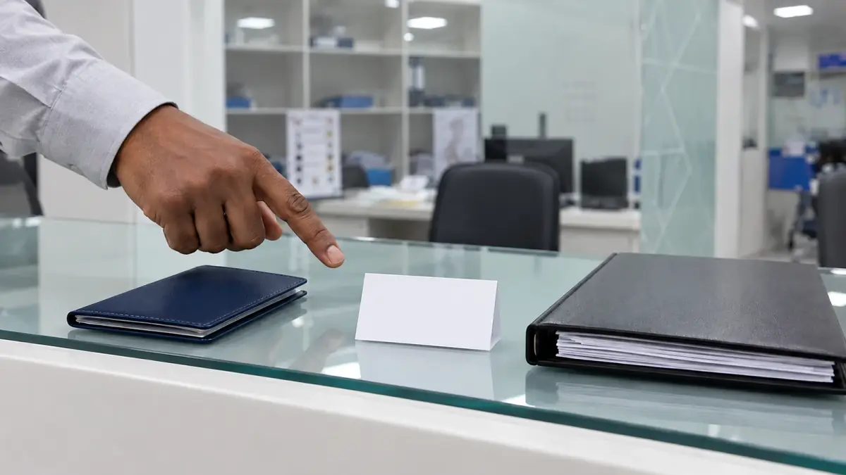Adviser and domestic worker reviewing a passport and employment documents.