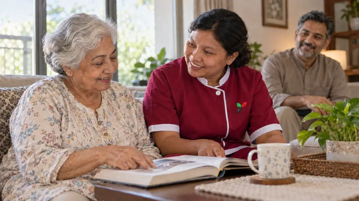 Care professional discussing home support with an older woman and a family member.