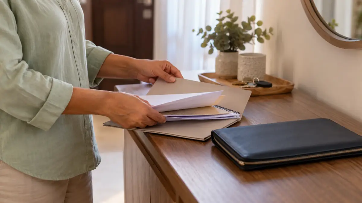 An adult sorts papers into a folder beside a closed document wallet on an entryway console.