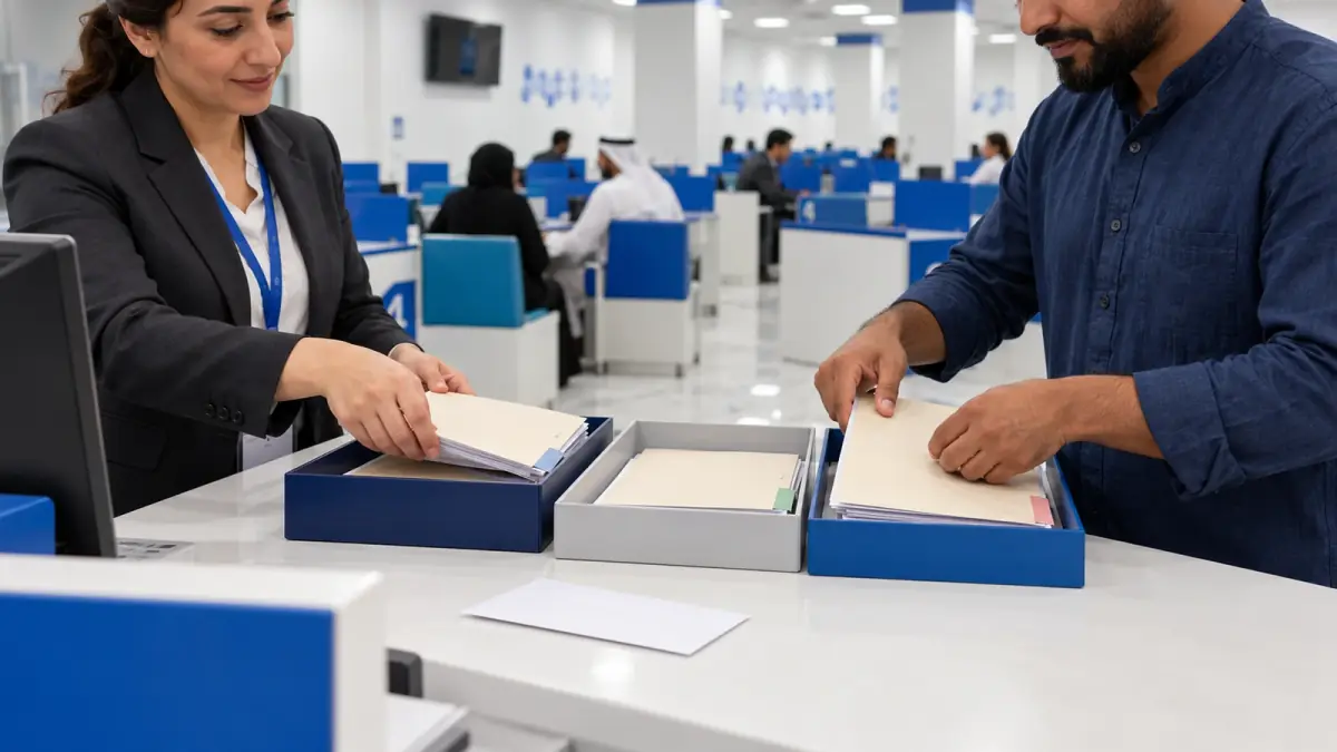 يدان ترتبان ملفات إدارية مغلقة ومنفصلة في صوان مختلفة بالمكتب.