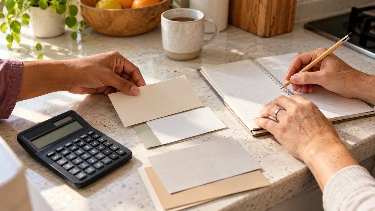 Hands compare blank cards beside a notebook and calculator on a kitchen counter.