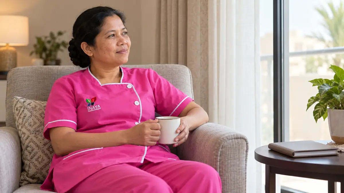 Domestic worker resting in an armchair with a cup beside a calendar and notebook.