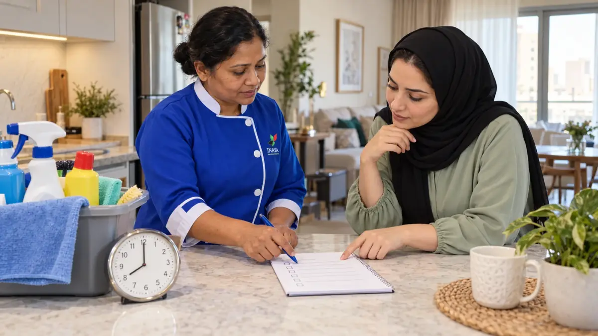 A householder and domestic worker plan cleaning priorities beside a clock and cleaning supplies.