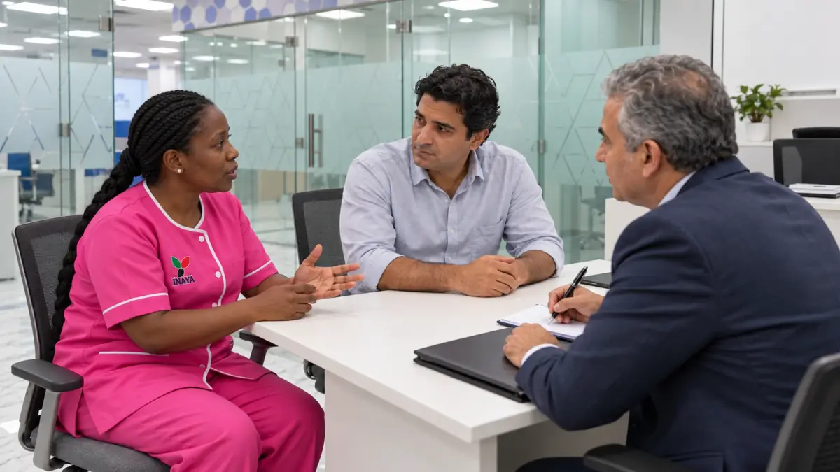 Domestic worker and a woman discussing a concern with an adviser taking notes.