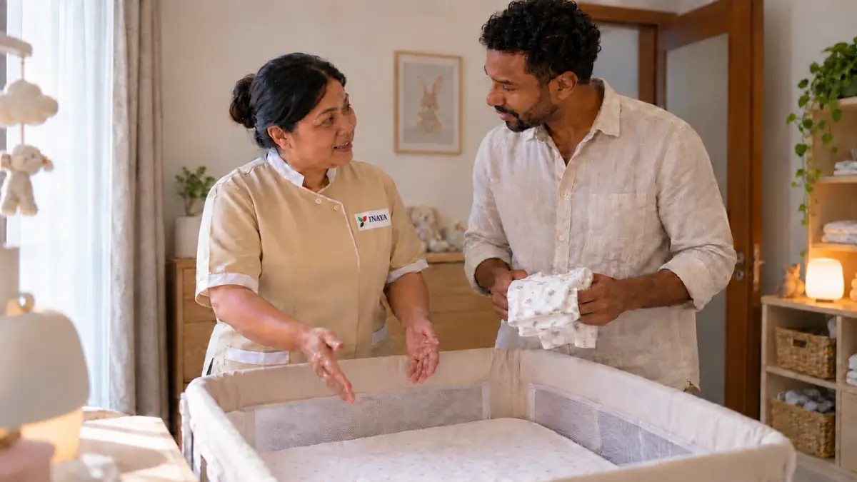 Parent discussing infant care with a nanny beside a sleeping baby in a bassinet.