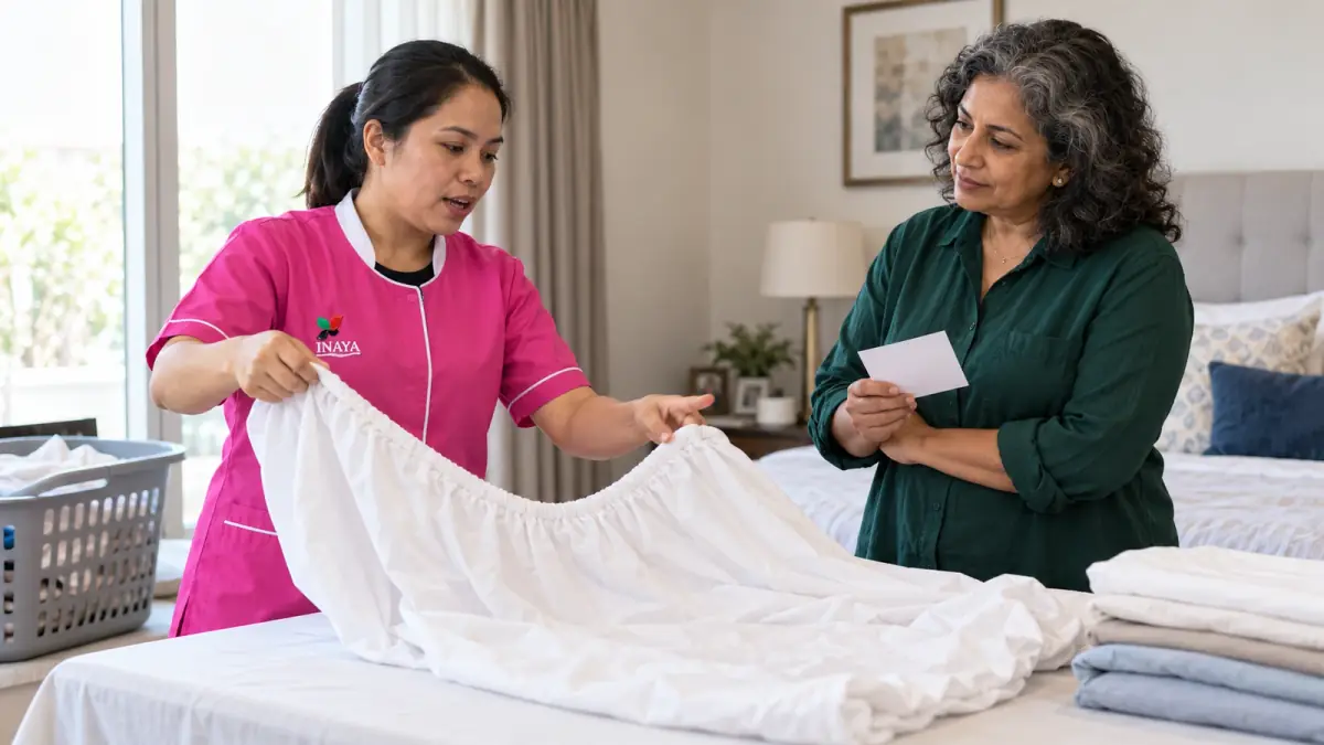 Woman and domestic worker discussing household skills using a notebook in the kitchen.