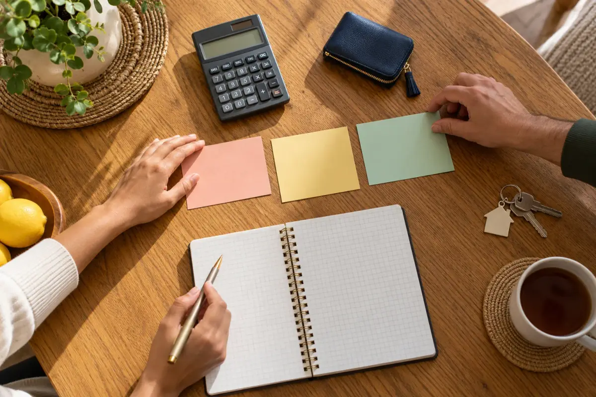 Illustrative overhead scene of hands arranging budget cards beside a calculator, notebook and house keys.