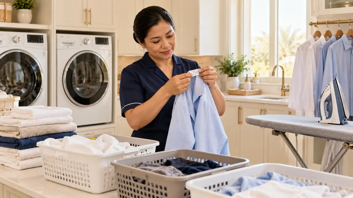 Domestic worker checks a shirt care label beside sorted laundry and a safely positioned iron.