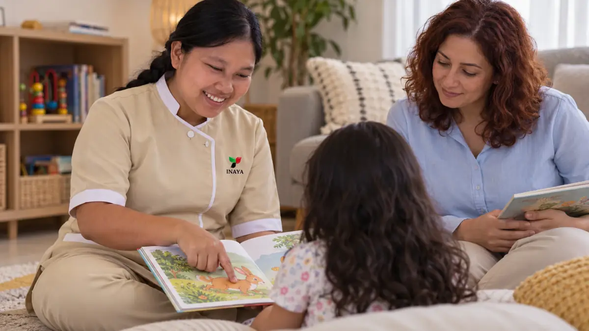 Childcare worker helping a child with a wooden puzzle while a parent watches.