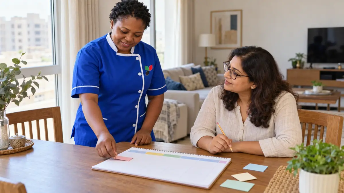 Household coordinator and domestic worker plan recurring visits using coloured calendar markers.