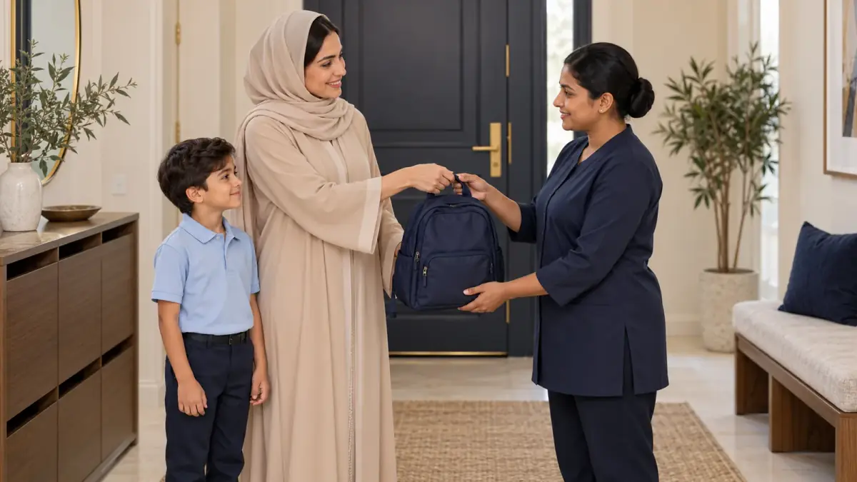 أم تسلّم الحقيبة المدرسية للمربية وطفلها يقف بجانبها داخل المنزل.
