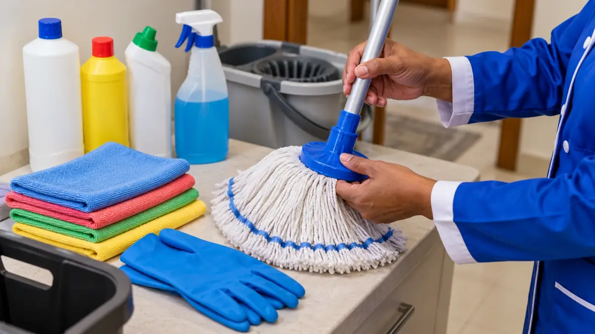 Cleaning cloths, gloves and closed bottles are organised beside a mop fitting.