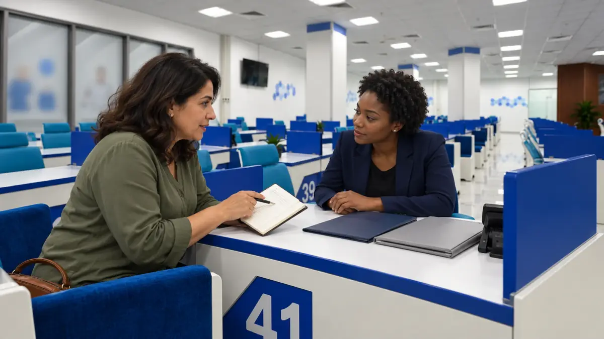 A visitor uses a notebook while speaking with an adviser at a numbered blue-and-white INAYA counter.