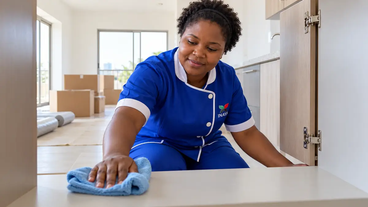 An INAYA cleaner in royal blue wipes an empty kitchen cupboard in a home prepared for moving in.