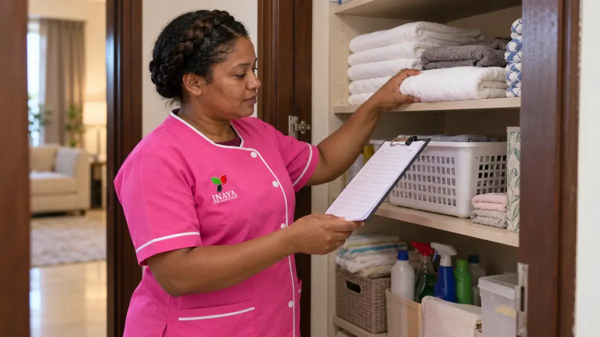 Domestic worker and a woman reviewing a household task checklist in a kitchen.