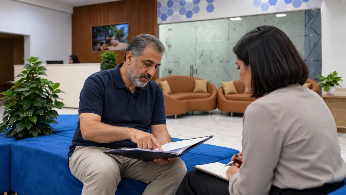 Woman discussing a domestic worker replacement request with an adviser over paperwork.