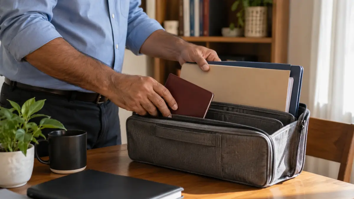 Man and adviser reviewing permit application documents with a passport on the desk.