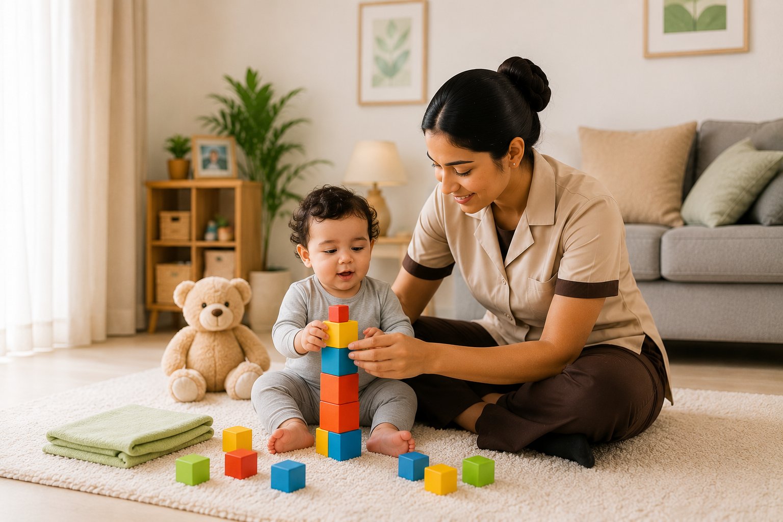 Playing with building blocks in a living room