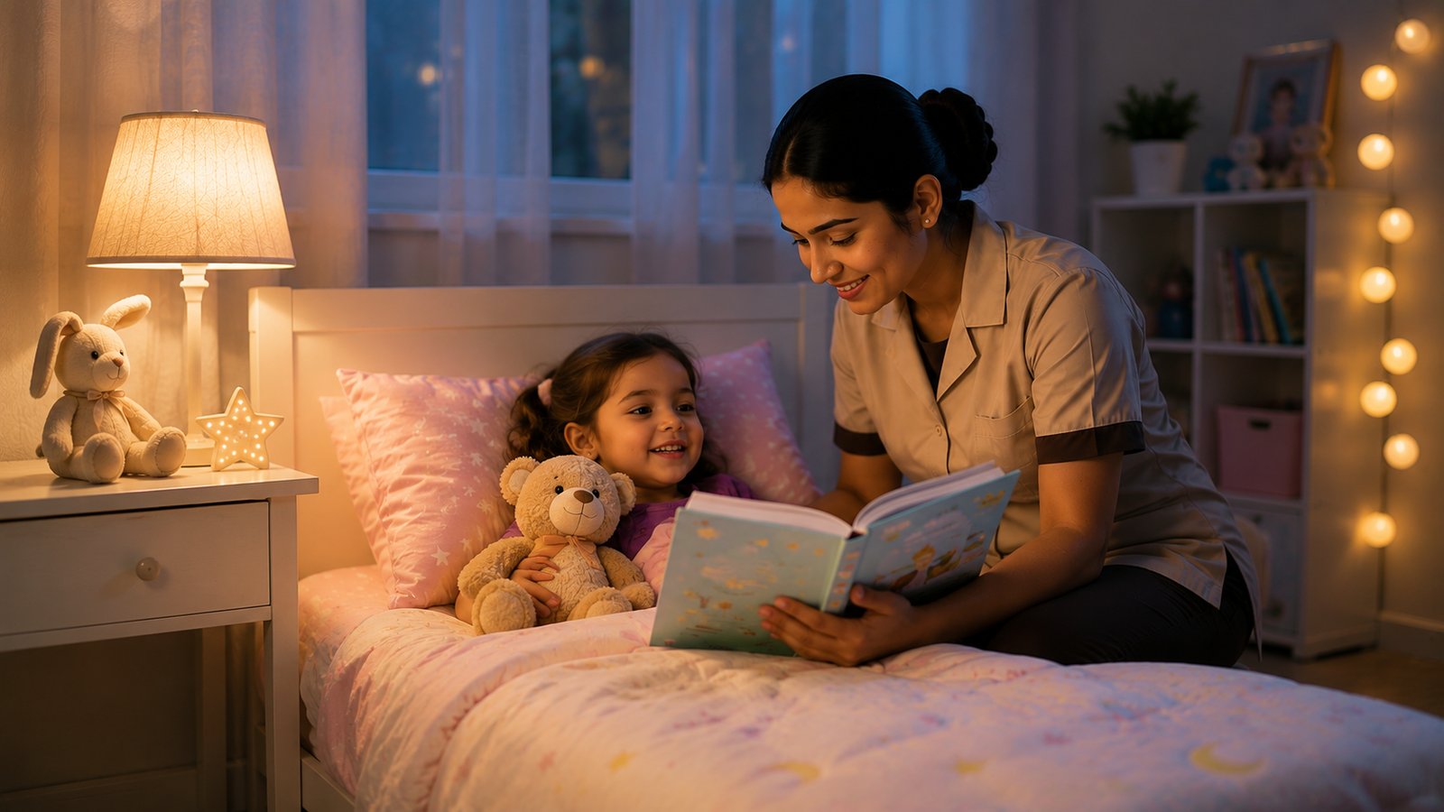 Bedtime reading beside a child