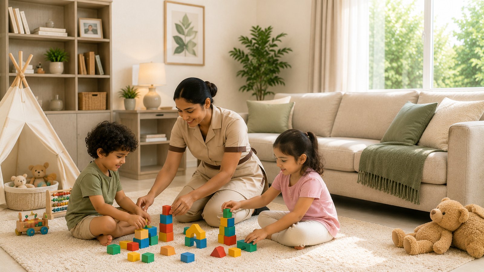 Floor play with building blocks and children