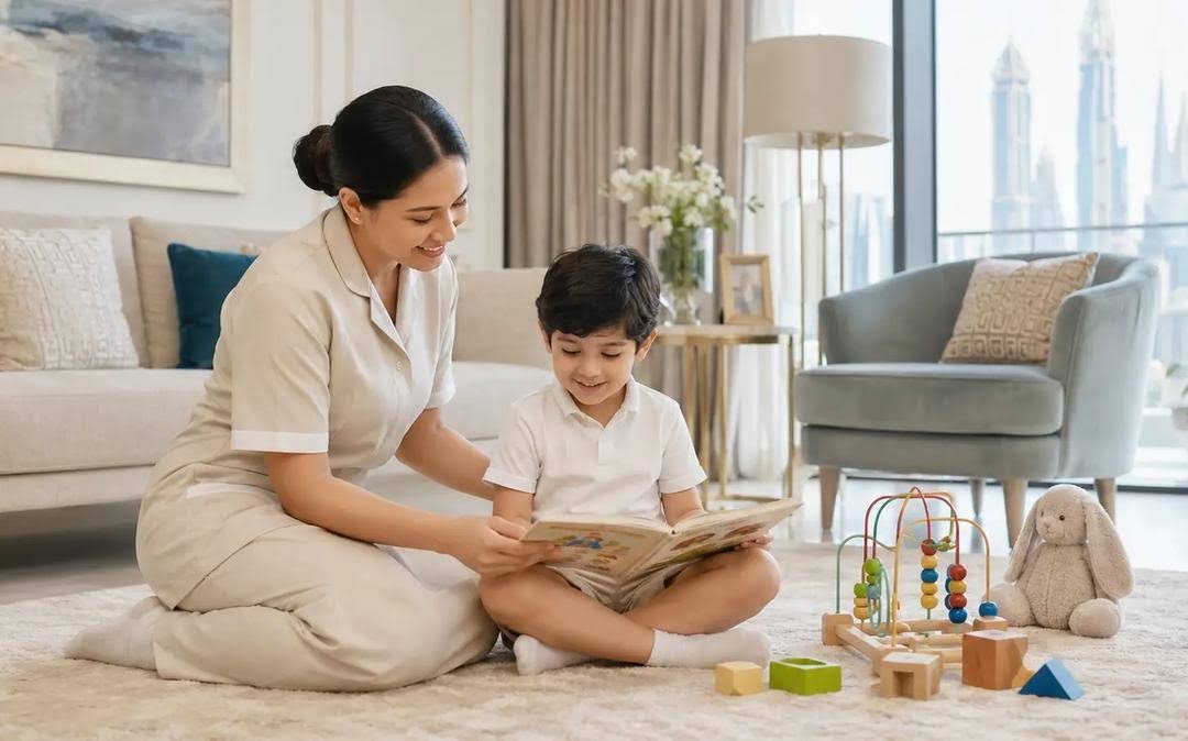 Reading with a child in a living room