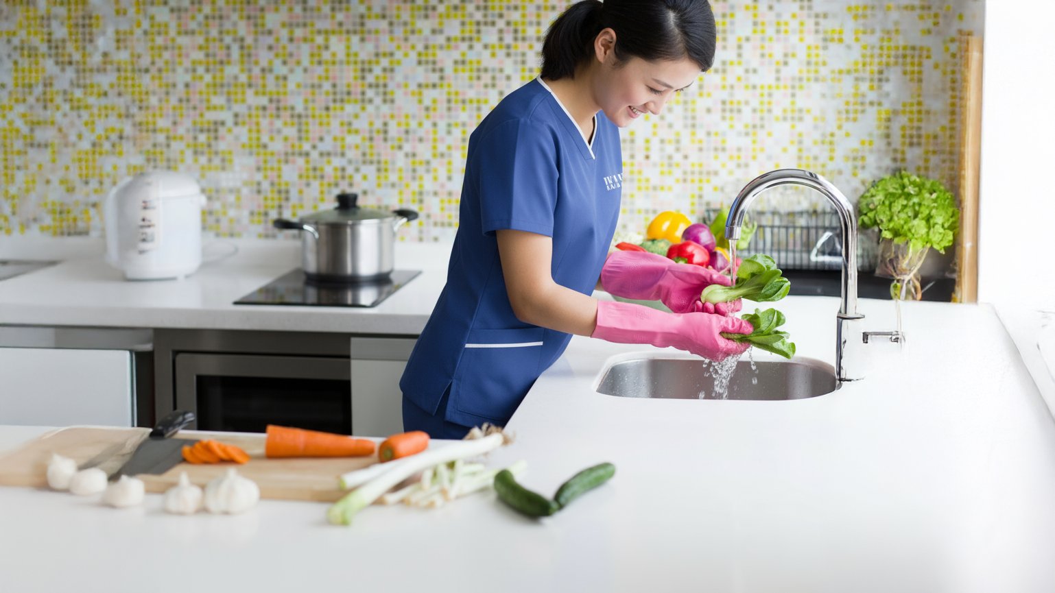 Rinsing vegetables at a kitchen sink