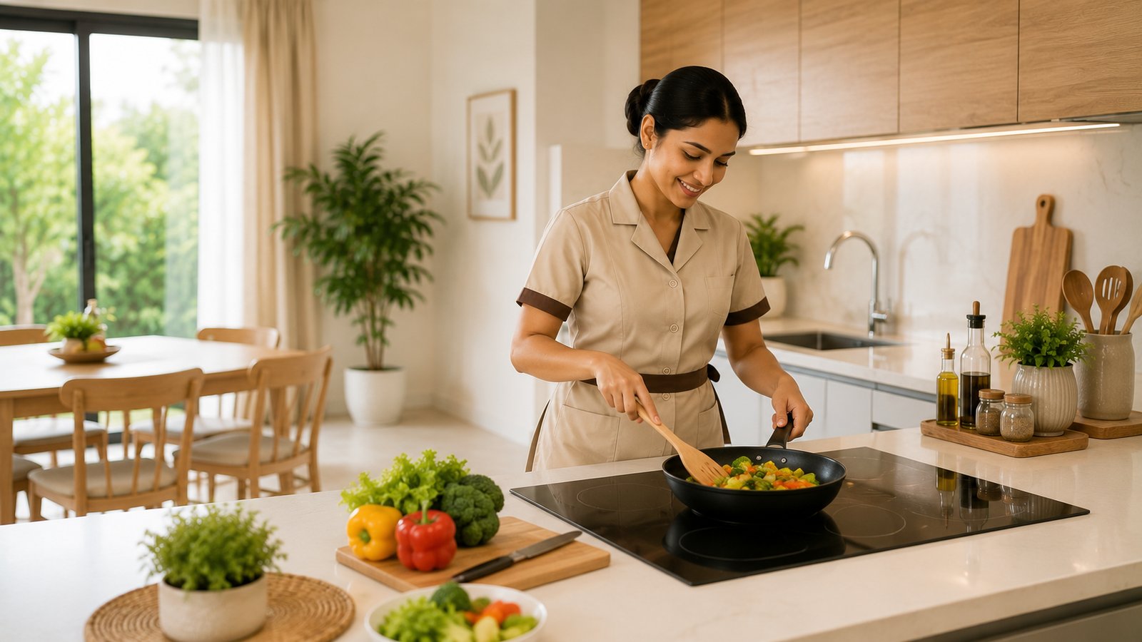 Cooking vegetables at a kitchen hob
