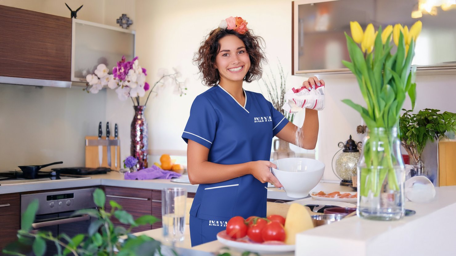 Arranging flowers and kitchen produce