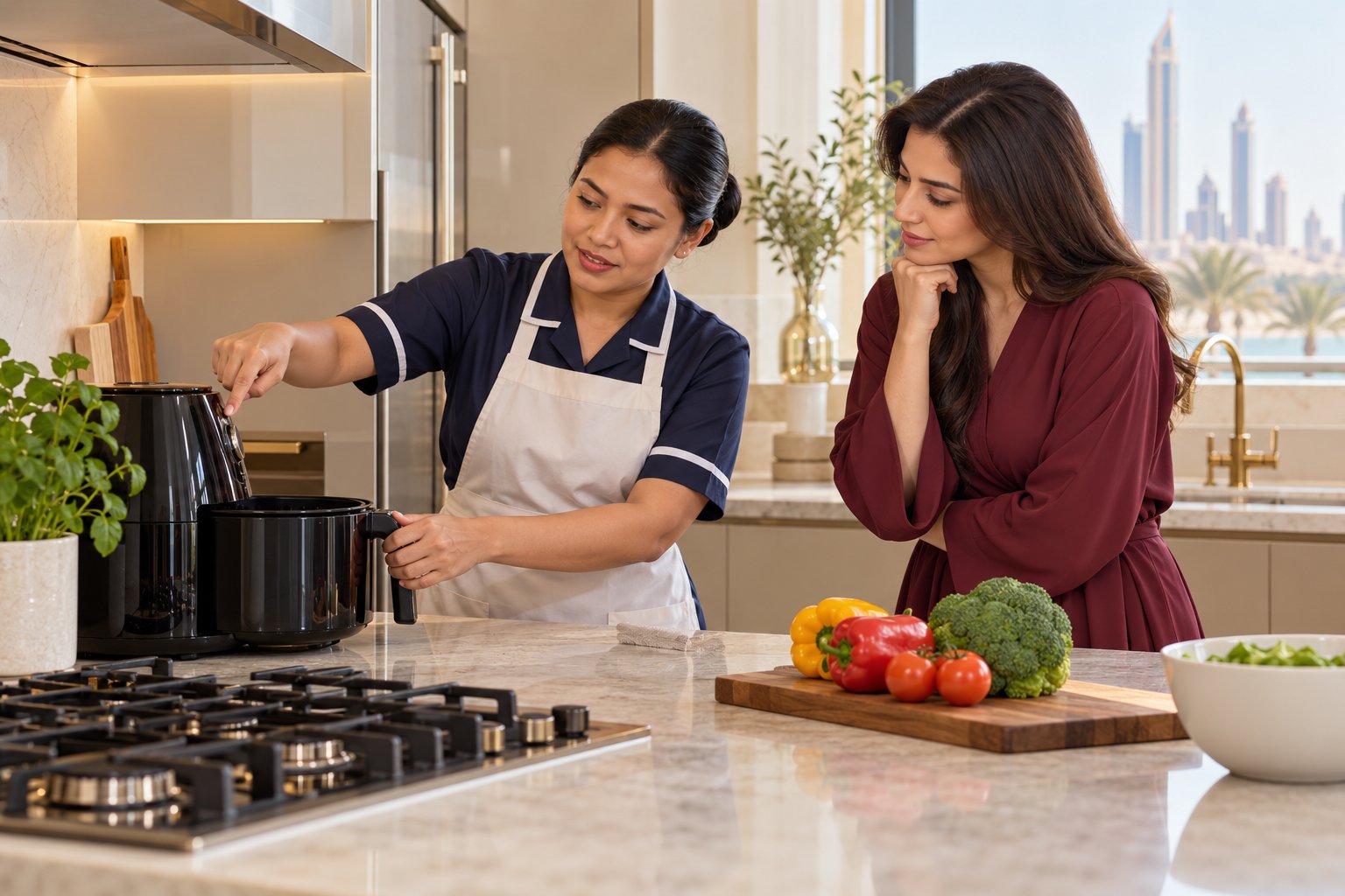 Discussing food preparation at a kitchen hob