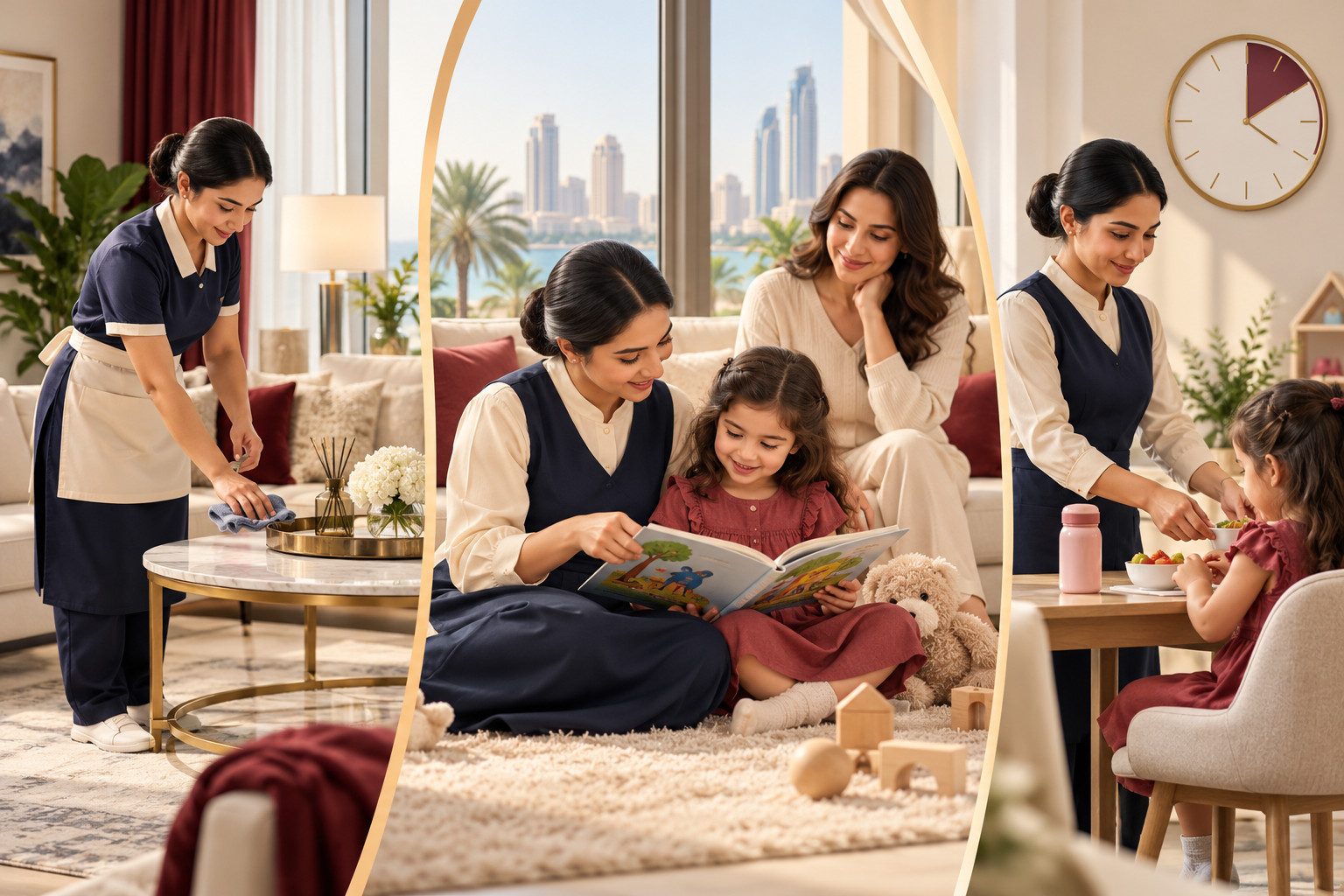 Cleaning and family-support scenes in a combined design