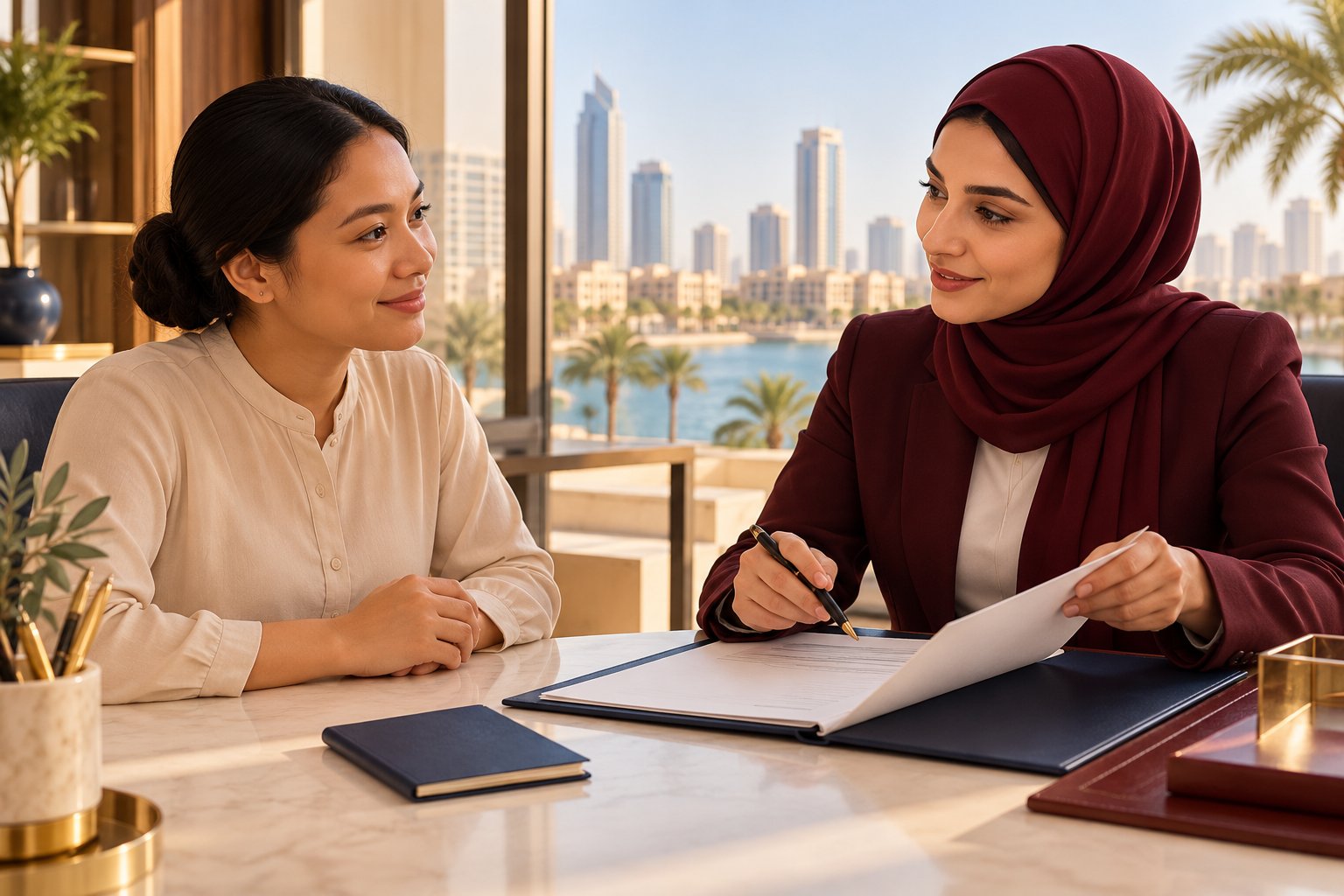 Discussing household-services documents at a table