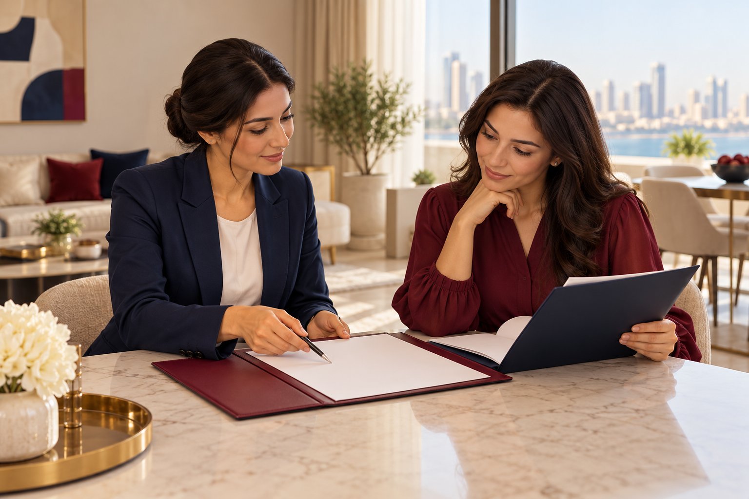 Household-services discussion with a tablet and documents