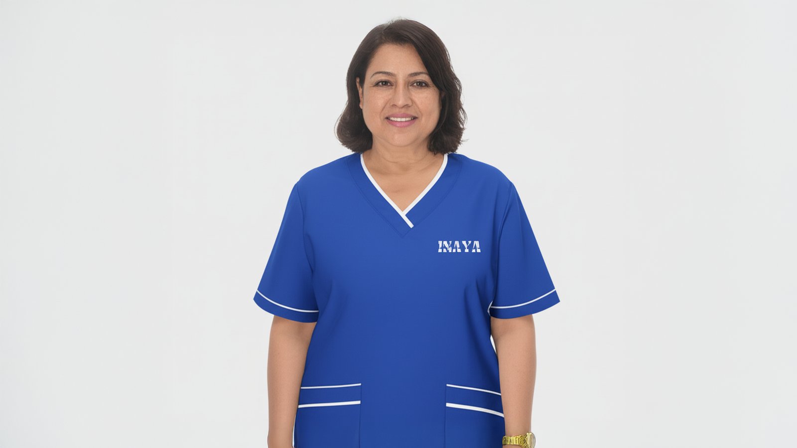 INAYA blue uniform portrait against a light background