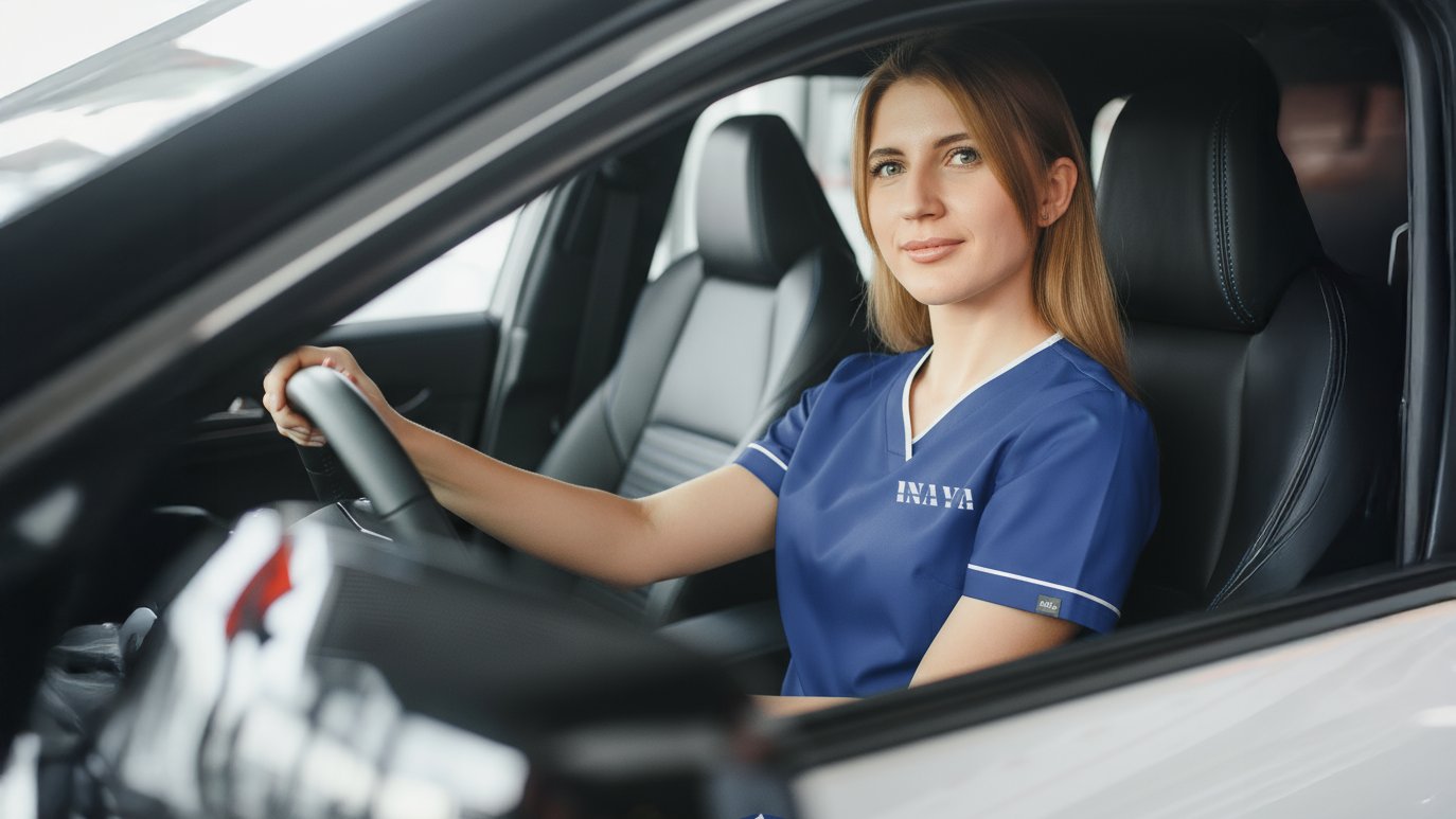 INAYA uniform at a car steering wheel