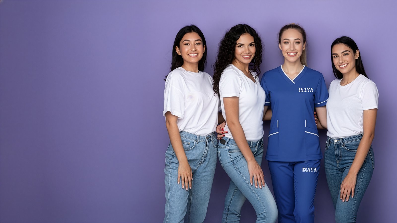Group portrait against a violet background