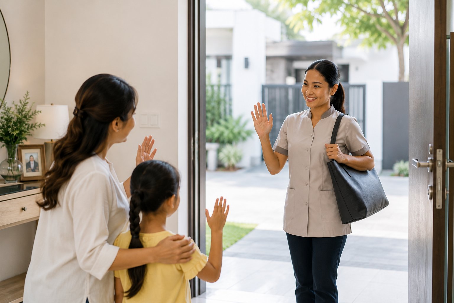 Household-help arrival and a family greeting at the door
