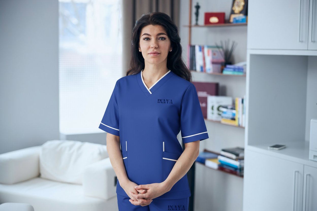 INAYA uniform portrait beside household shelving