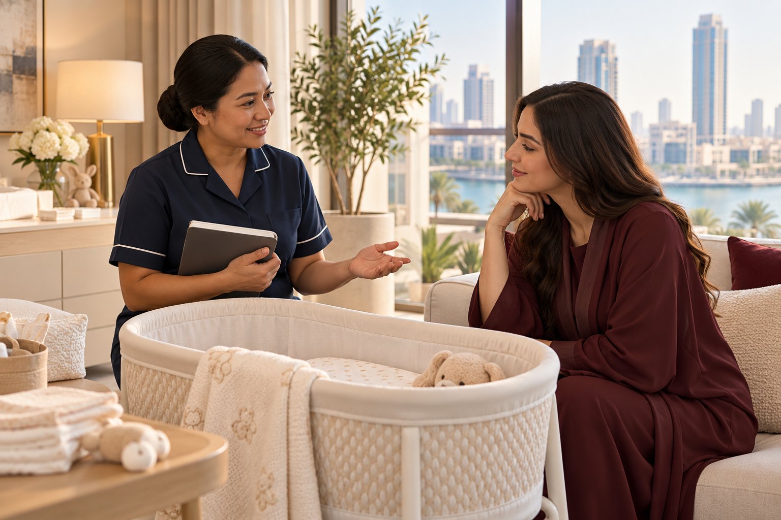 Discussing household-support arrangements in a living room