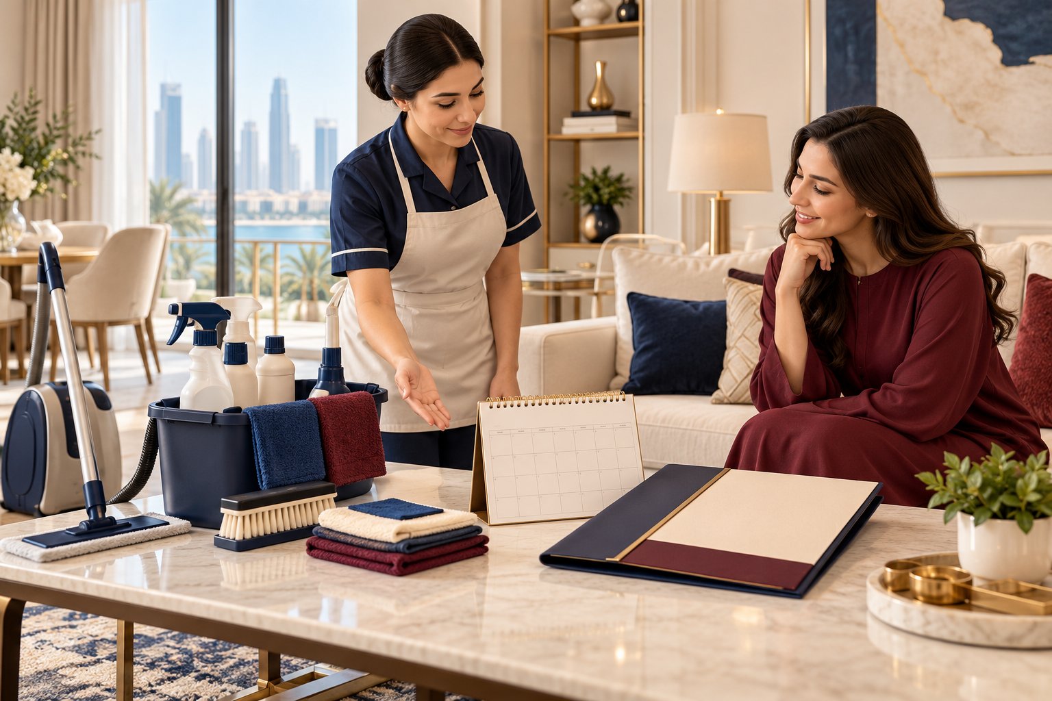 Discussing household arrangements with a folder and bags