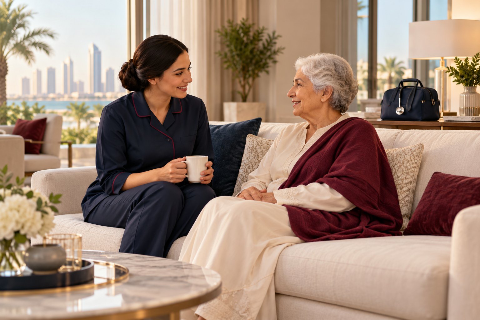 Discussing household support beside an older adult