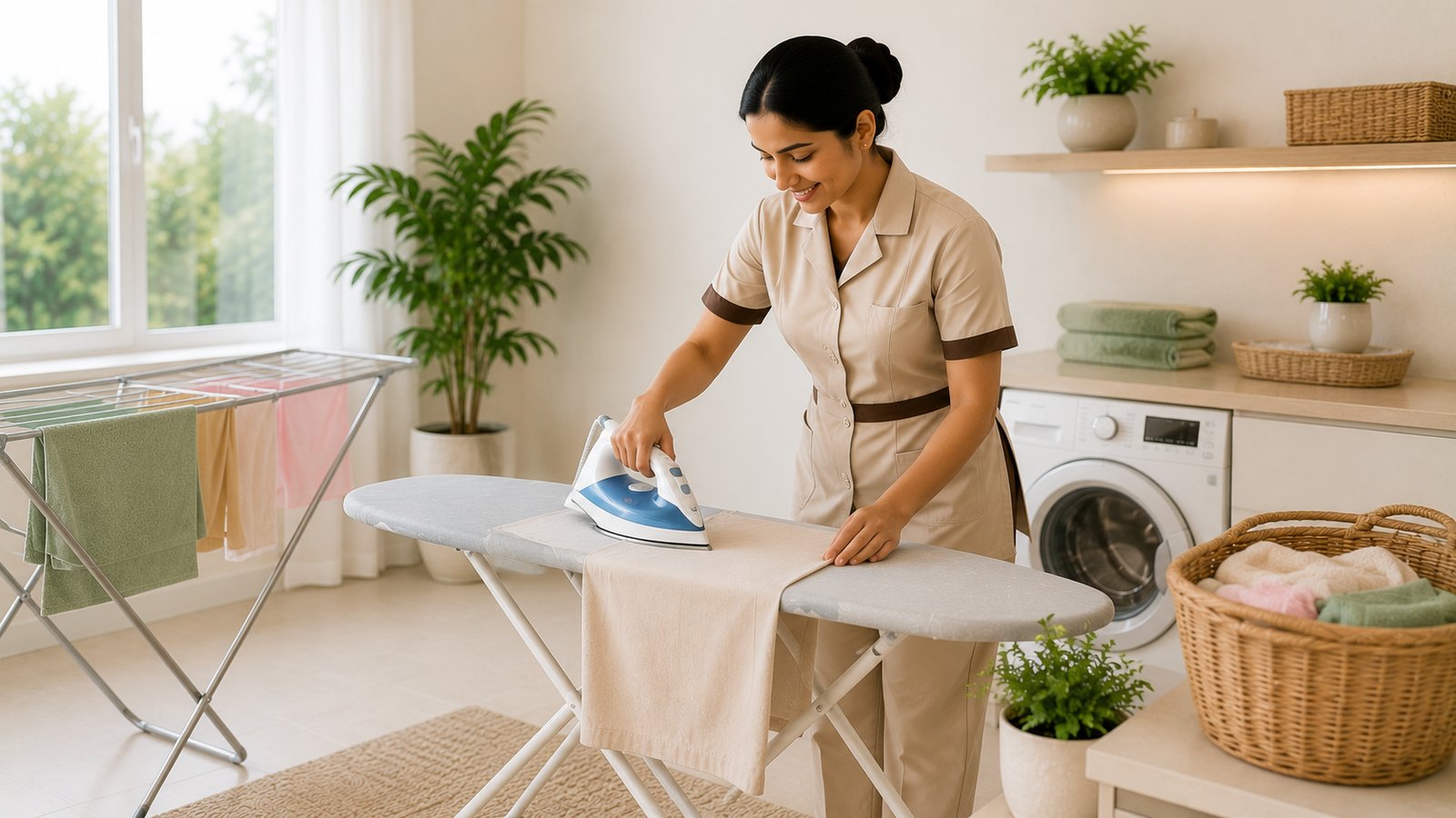Ironing clothes in a laundry area