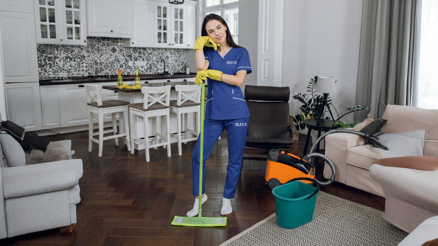 Mopping a living-room floor