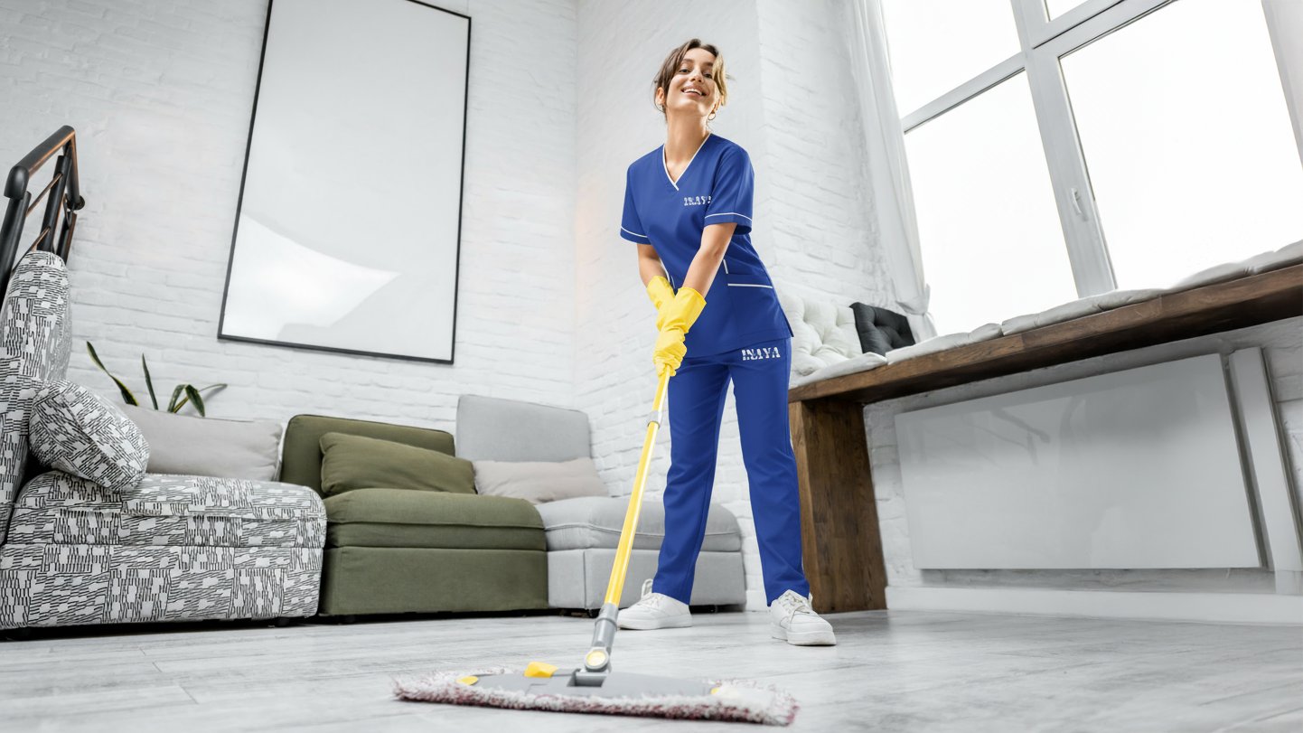 Mopping a bright living-room floor