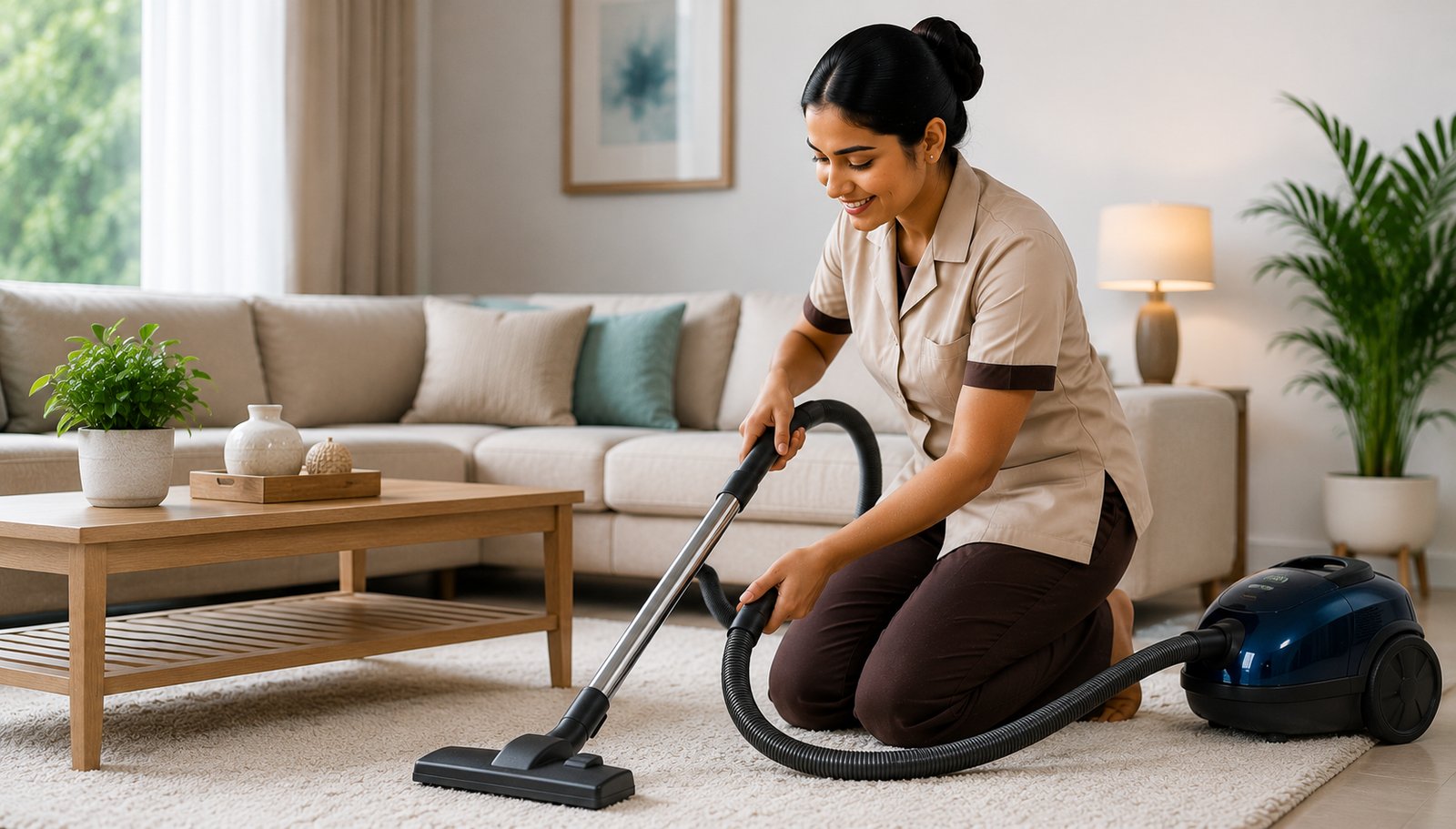 Vacuuming a living-room rug