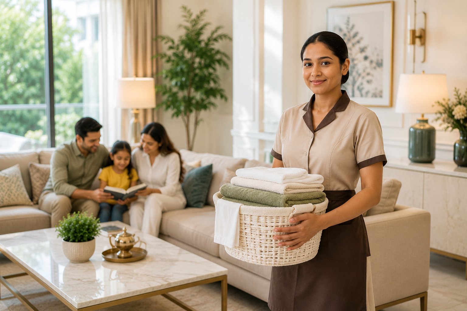 Carrying a basket of folded household laundry