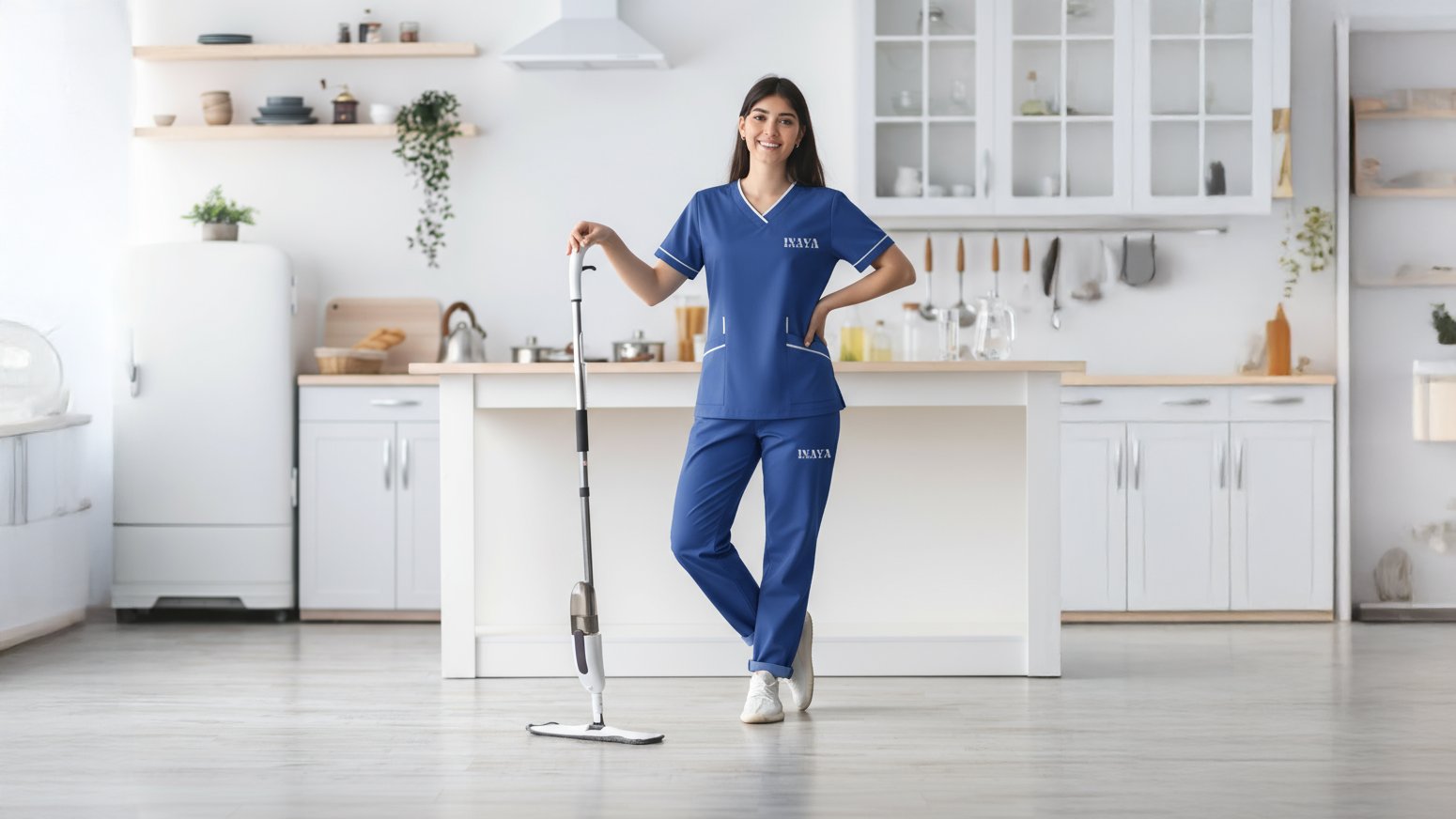 INAYA uniform with a floor-cleaning tool