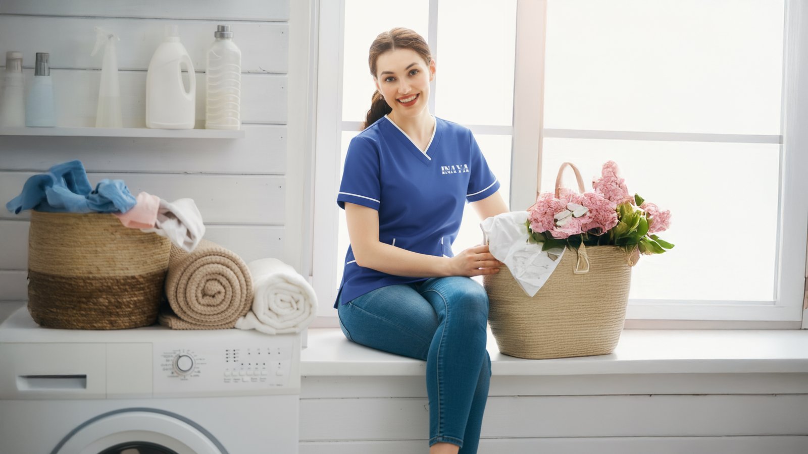 INAYA uniform beside household plants and towels